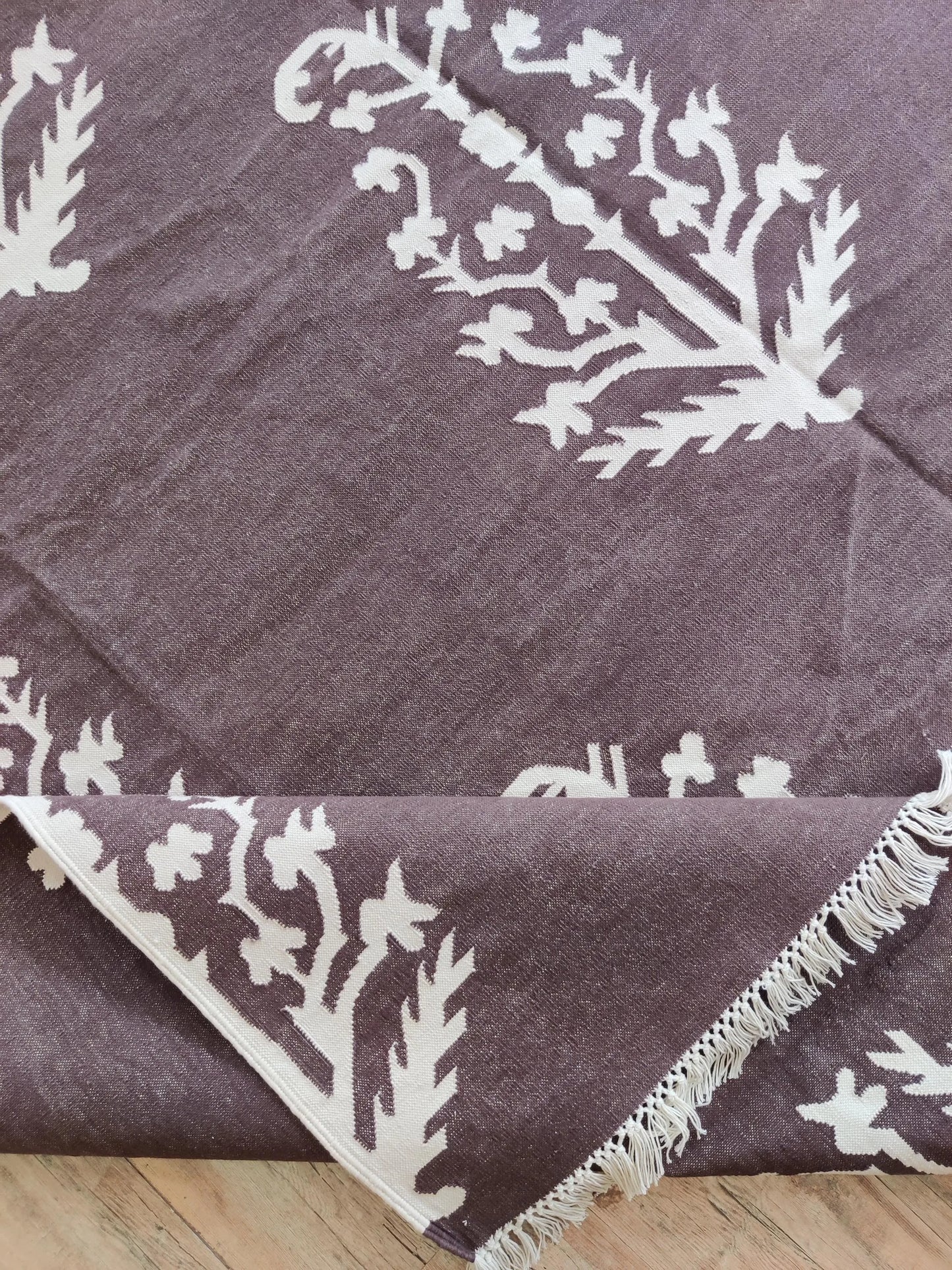 Charcoal & Ivory Botanical Buta cotton flat weave rug