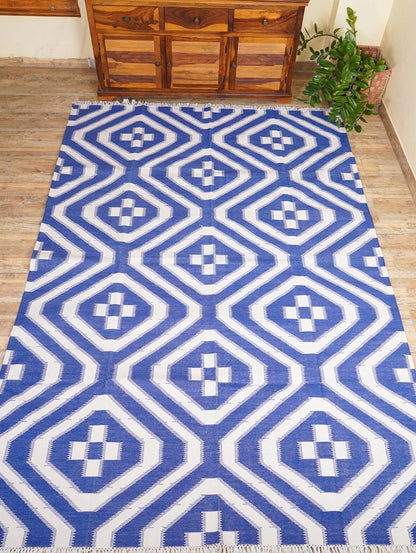 Royal Blue & White Geometric Area Rug, Southwestern Diamond Cross Kilim Dhurrie