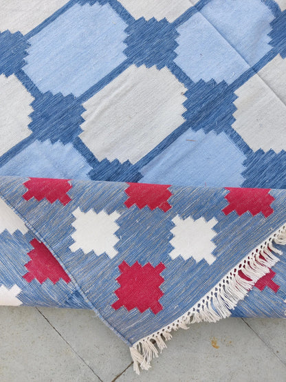 Vegetable Dyed Sky Blue and Terracotta Red Tile Patterned Gingham Dhurrie