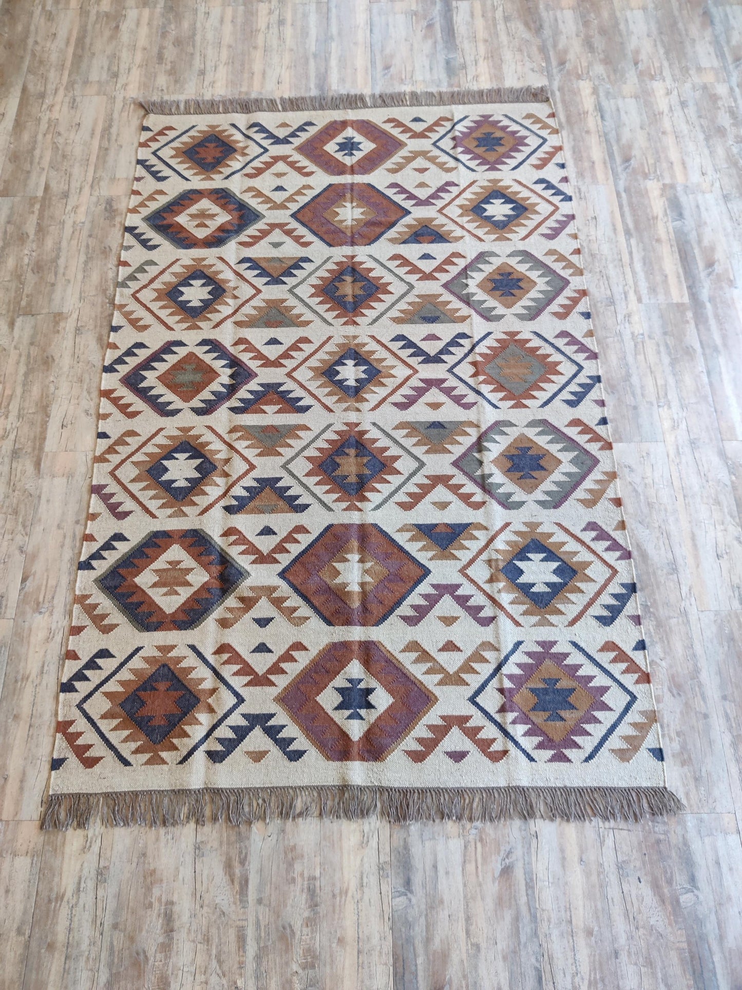 Beige and Earthy Tones Handwoven Kilim-Style Rug