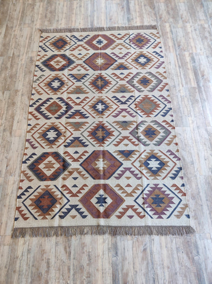 Beige and Earthy Tones Handwoven Kilim-Style Rug