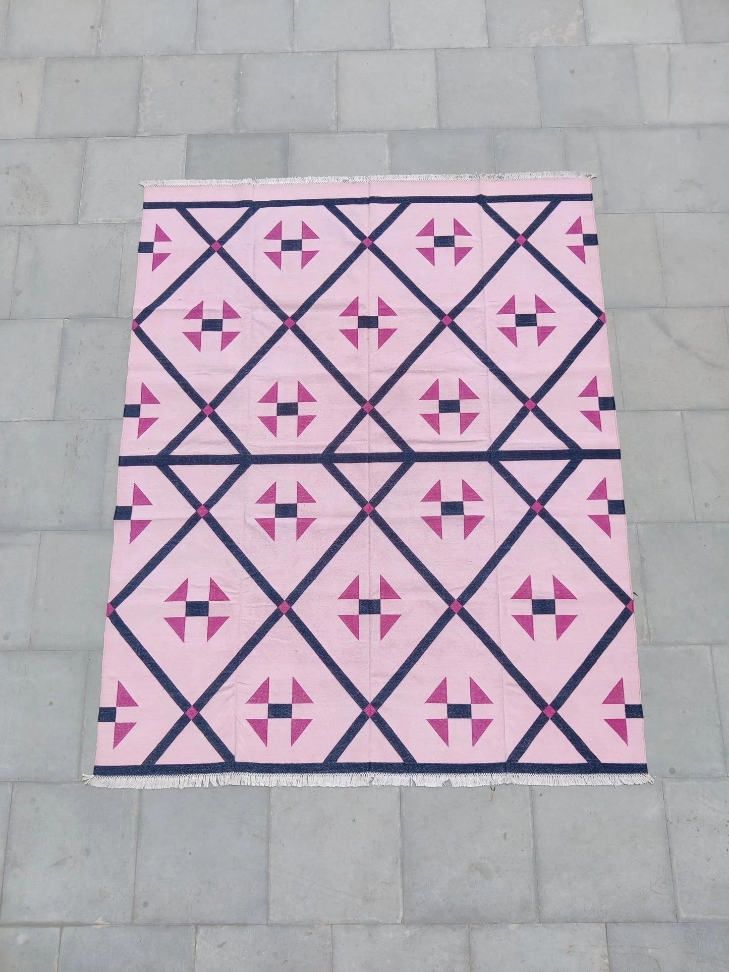 Blush Pink Geometric Navy Diamond Dhurrie rug