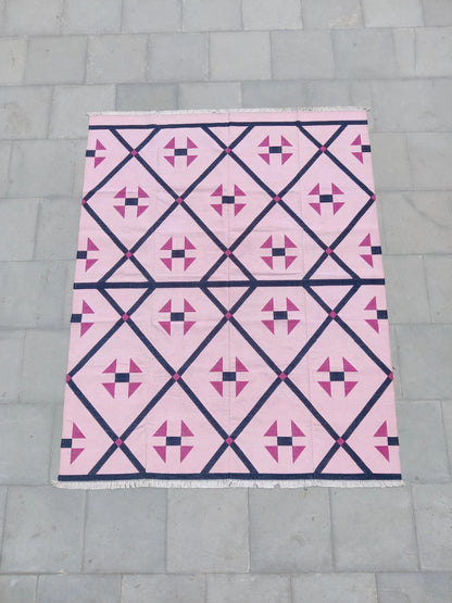 Blush Pink Geometric Navy Diamond Dhurrie rug
