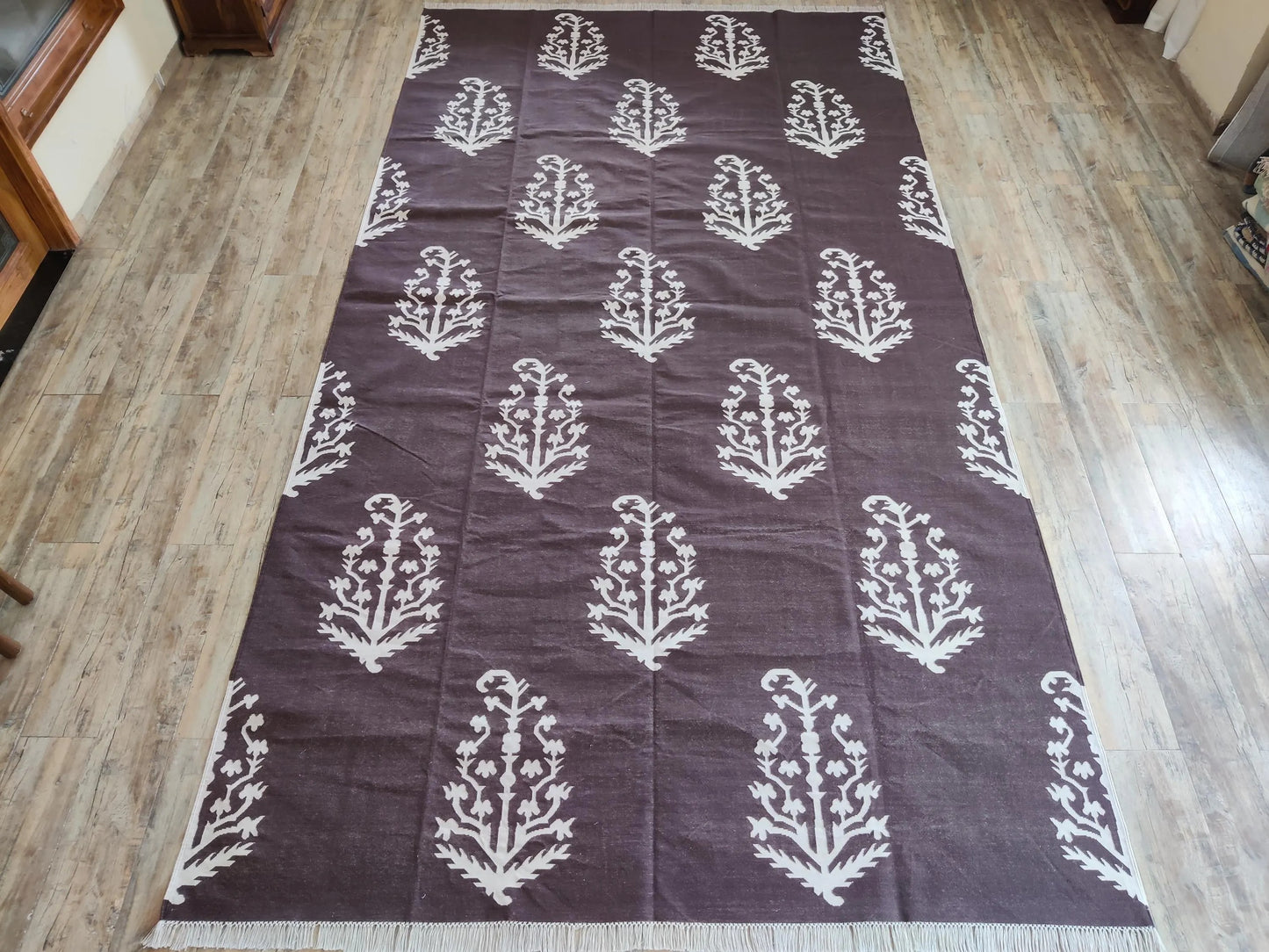 Charcoal & Ivory Botanical Buta cotton flat weave rug