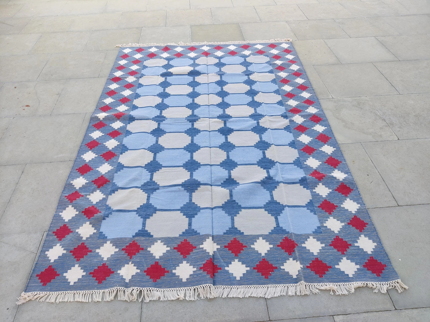 Vegetable Dyed Sky Blue and Terracotta Red Tile Patterned Gingham Dhurrie