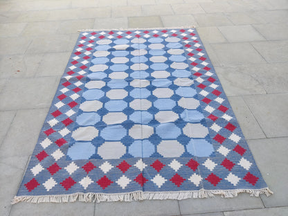 Vegetable Dyed Sky Blue and Terracotta Red Tile Patterned Gingham Dhurrie