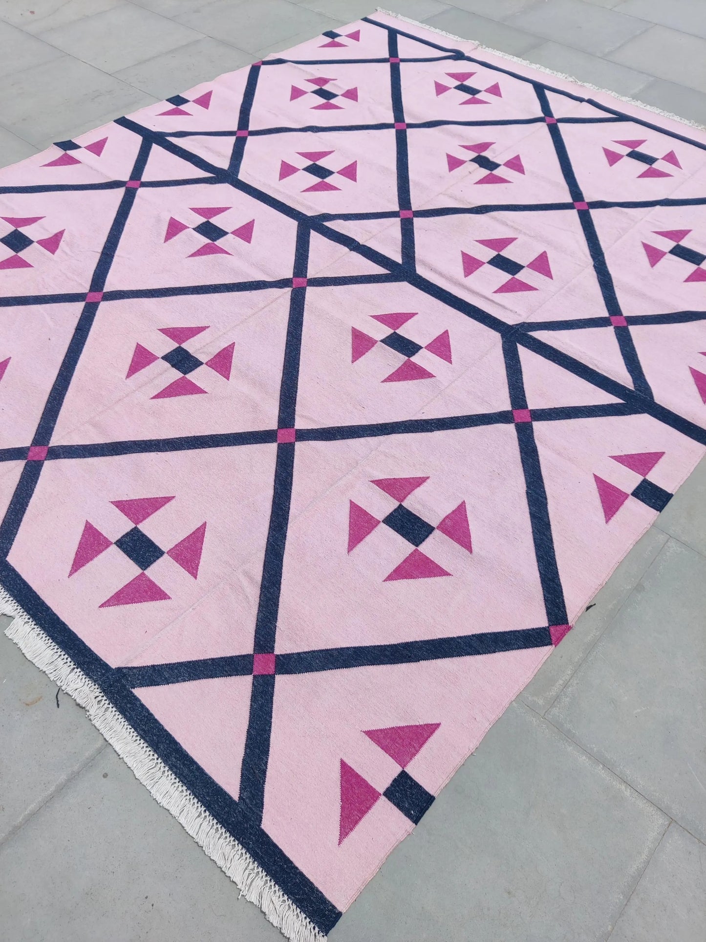 Blush Pink Geometric Navy Diamond Dhurrie rug