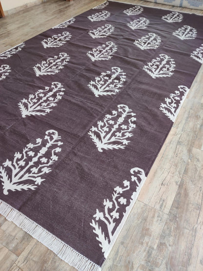 Charcoal & Ivory Botanical Buta cotton flat weave rug