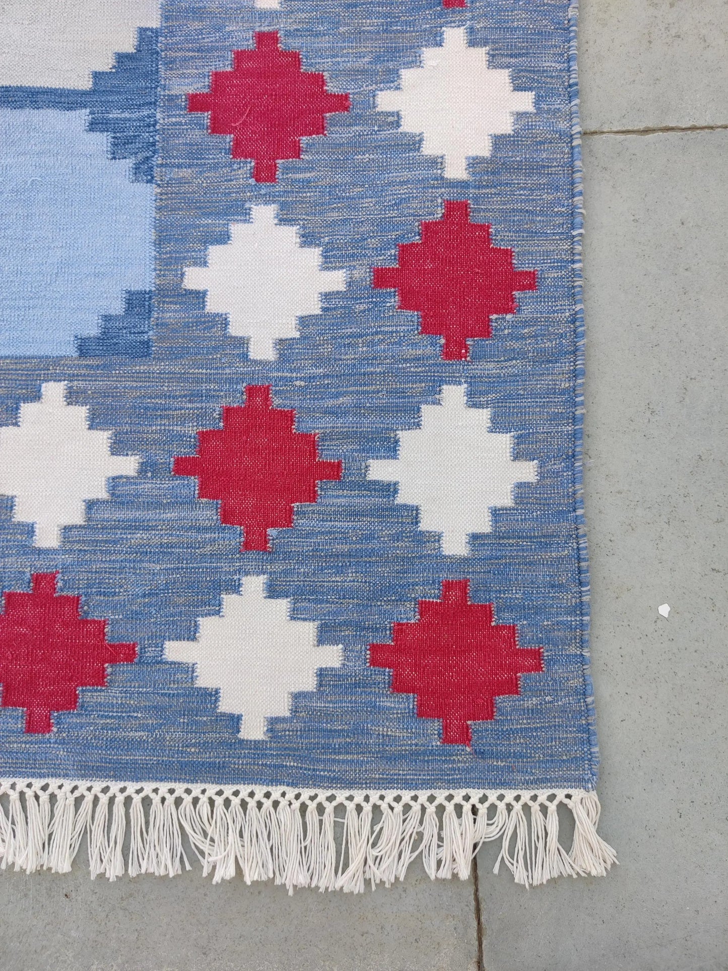 Vegetable Dyed Sky Blue and Terracotta Red Tile Patterned Gingham Dhurrie