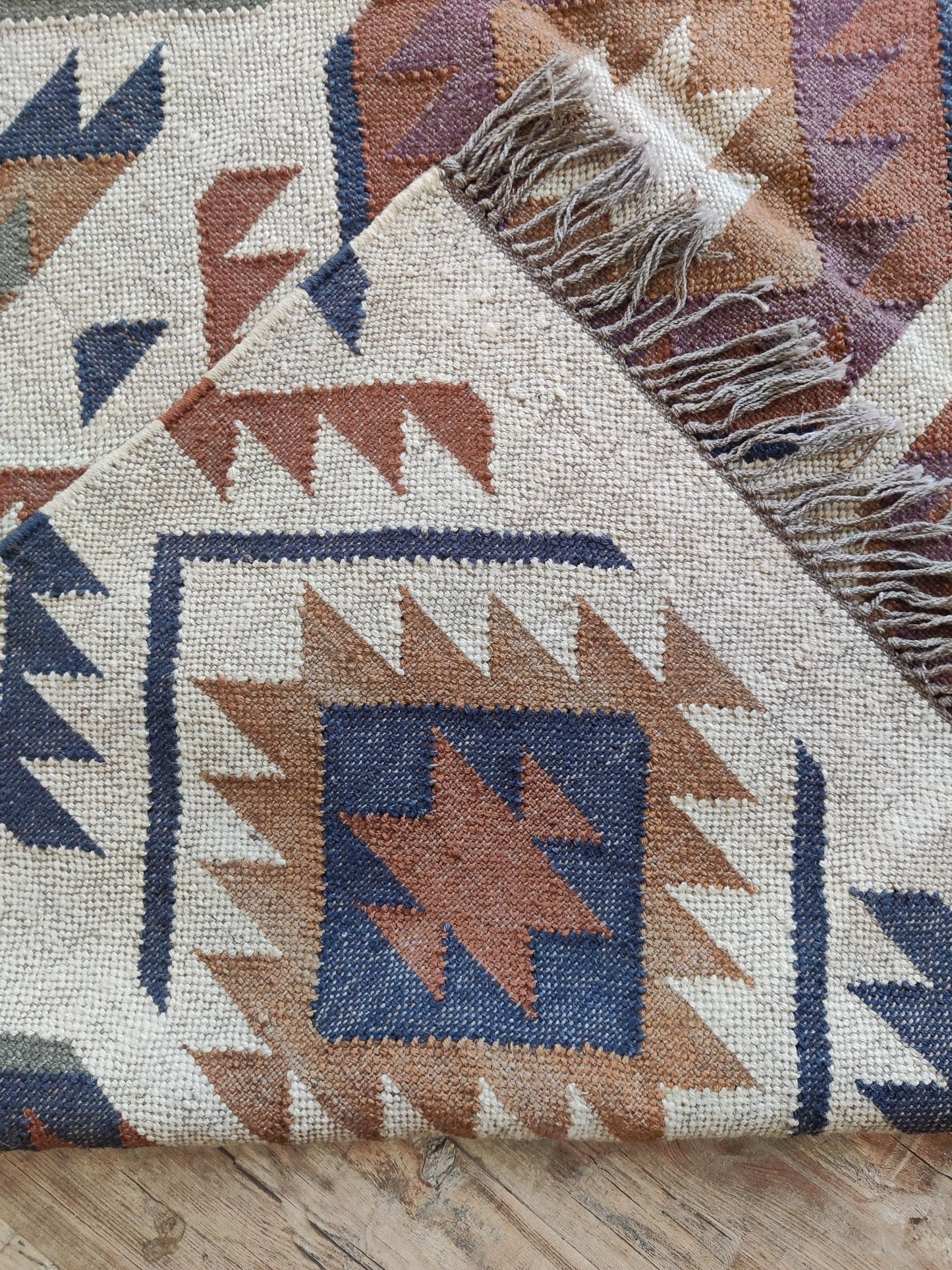 Beige and Earthy Tones Handwoven Kilim-Style Rug