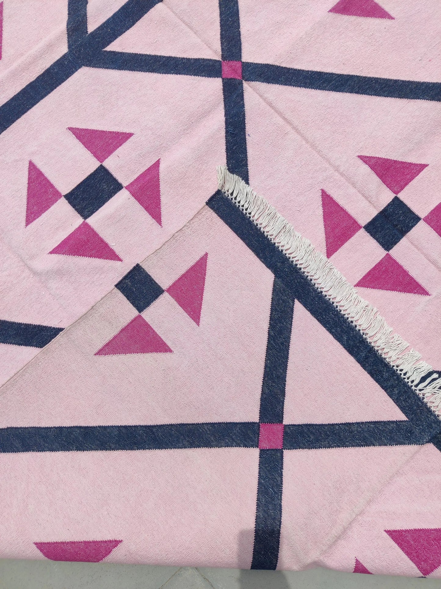 Blush Pink Geometric Navy Diamond Dhurrie rug