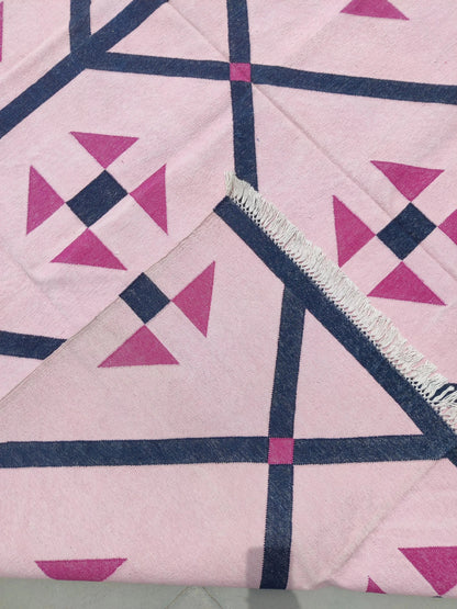Blush Pink Geometric Navy Diamond Dhurrie rug