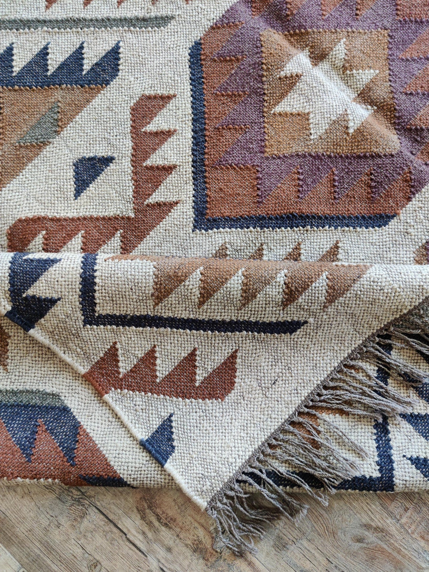 Beige and Earthy Tones Handwoven Kilim-Style Rug
