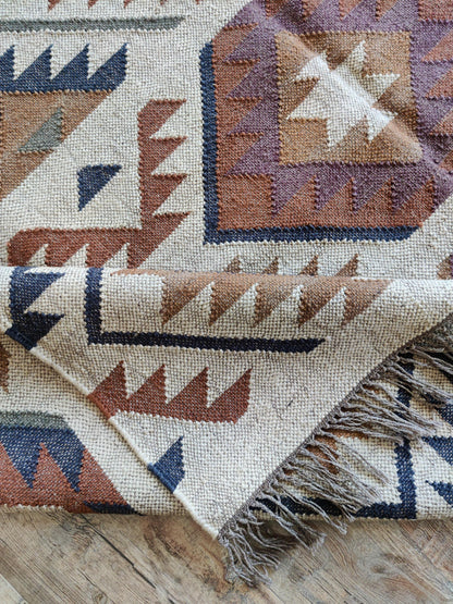 Beige and Earthy Tones Handwoven Kilim-Style Rug