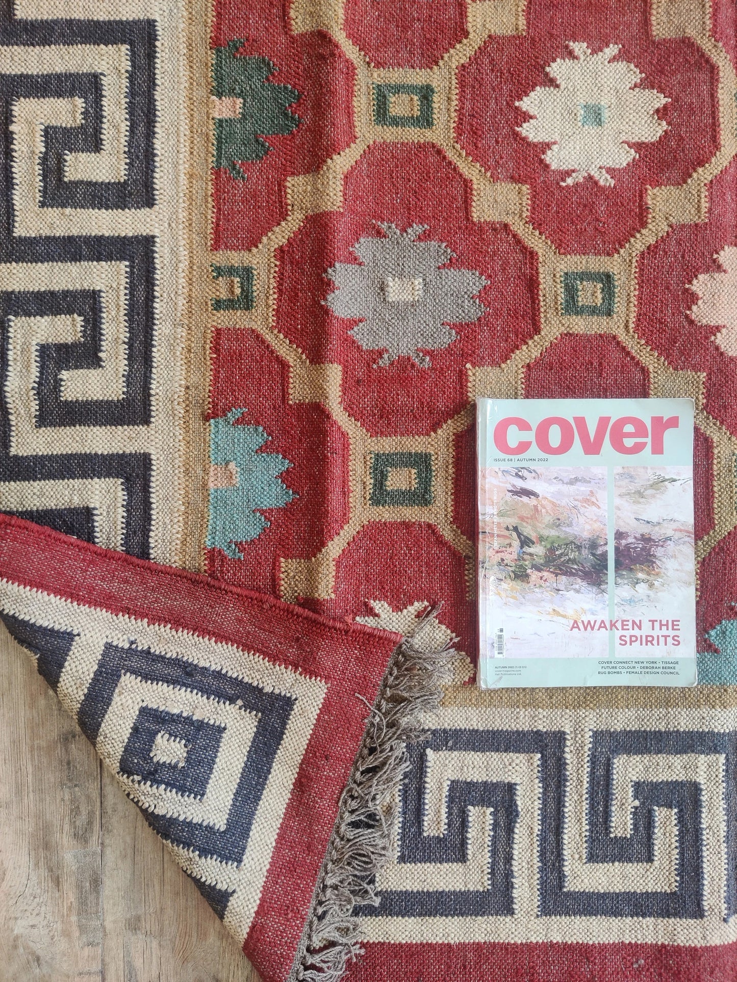 Hellenic Crimson Medallion Red Greek Key Border Kilim rug
