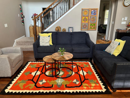 Crimson Sawtooth Heritage Traditional Red & Black Wool Cotton Dhurrie Rug
