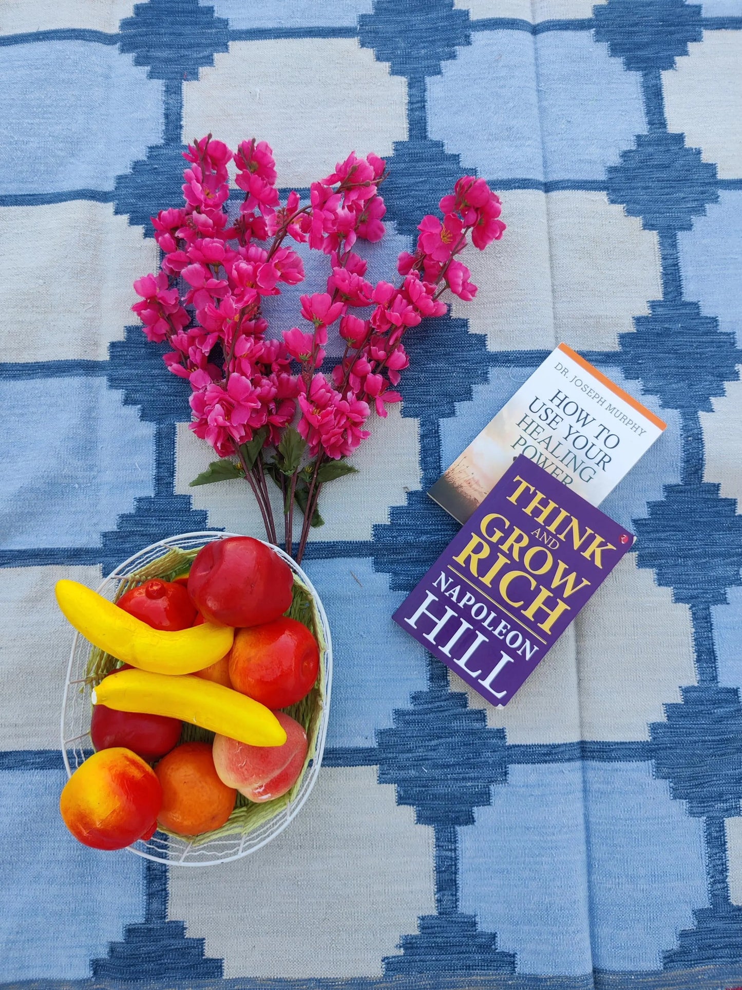Vegetable Dyed Sky Blue and Terracotta Red Tile Patterned Gingham Dhurrie