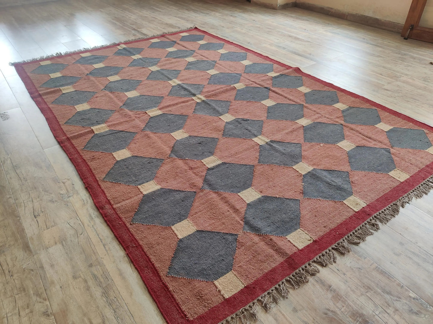 Terracotta & Navy Blue Geometric Diamond Pattern Rustic Home Decor Area Rug