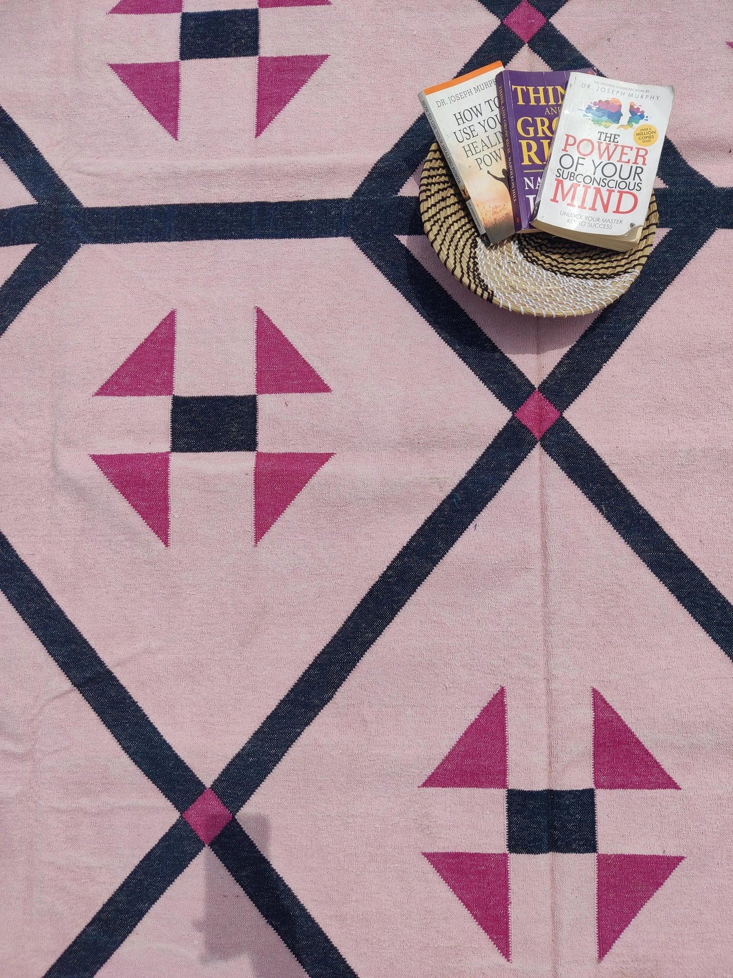 Blush Pink Geometric Navy Diamond Dhurrie rug