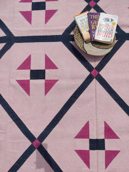 Blush Pink Geometric Navy Diamond Dhurrie rug