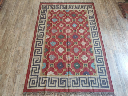 Hellenic Crimson Medallion Red Greek Key Border Kilim rug