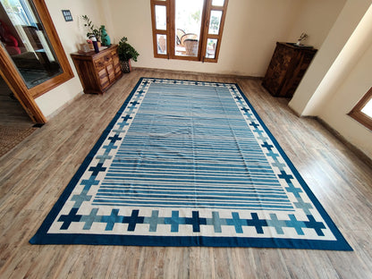 Handwoven Blue Stripe Cotton Rug Geometric Border Dhurrie Rug