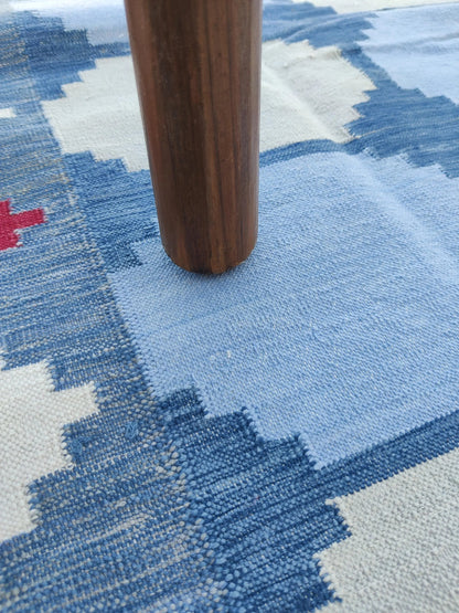 Vegetable Dyed Sky Blue and Terracotta Red Tile Patterned Gingham Dhurrie