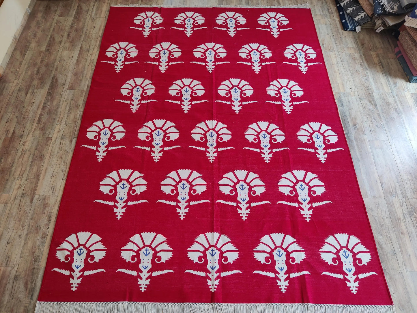 Red Mughal Floral Area Rug Traditional Carnation Motif Dhurrie Carpet