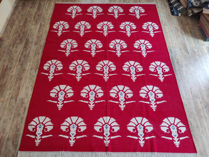 Red Mughal Floral Area Rug Traditional Carnation Motif Dhurrie Carpet