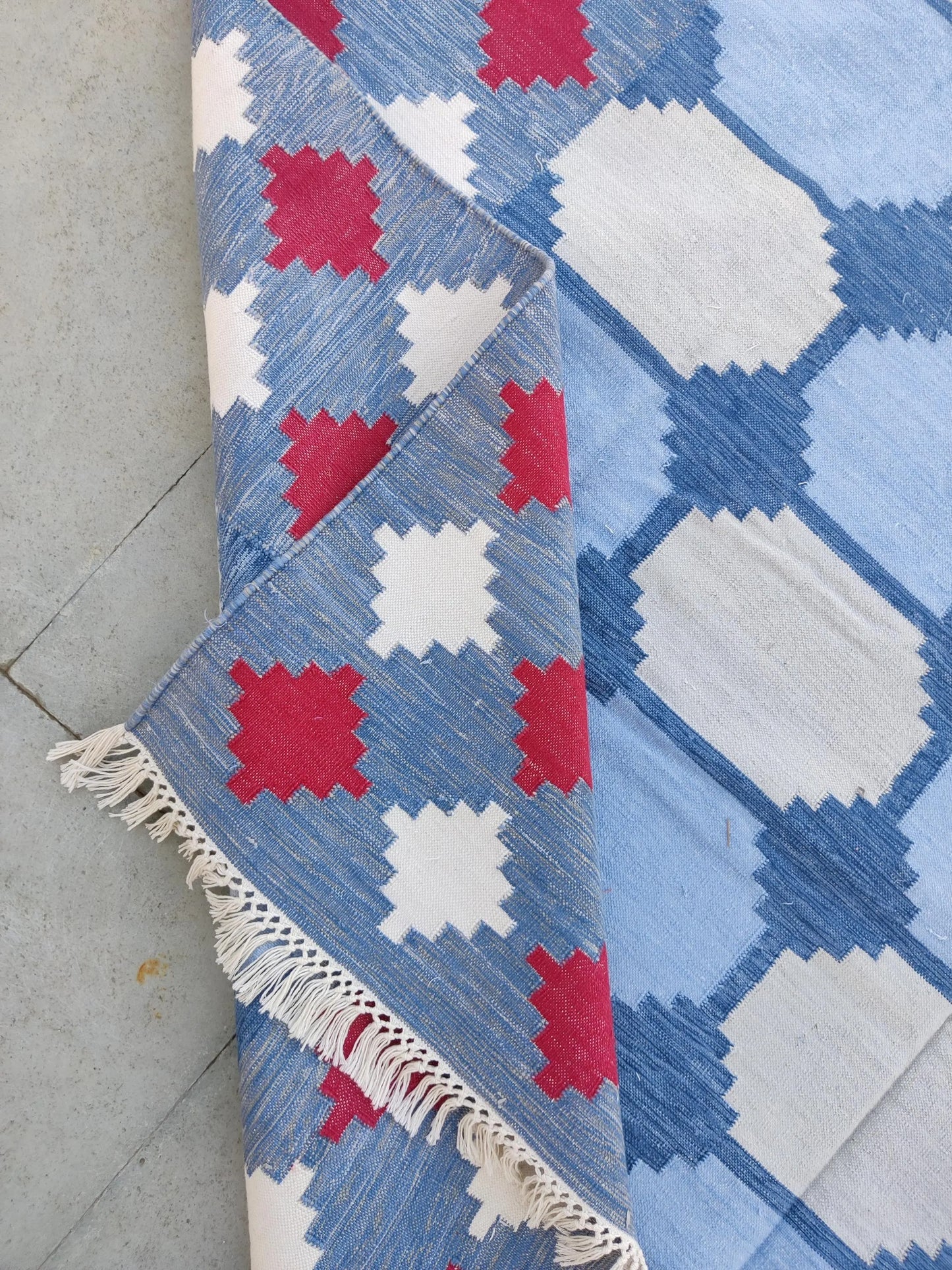 Vegetable Dyed Sky Blue and Terracotta Red Tile Patterned Gingham Dhurrie
