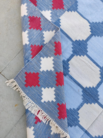Vegetable Dyed Sky Blue and Terracotta Red Tile Patterned Gingham Dhurrie