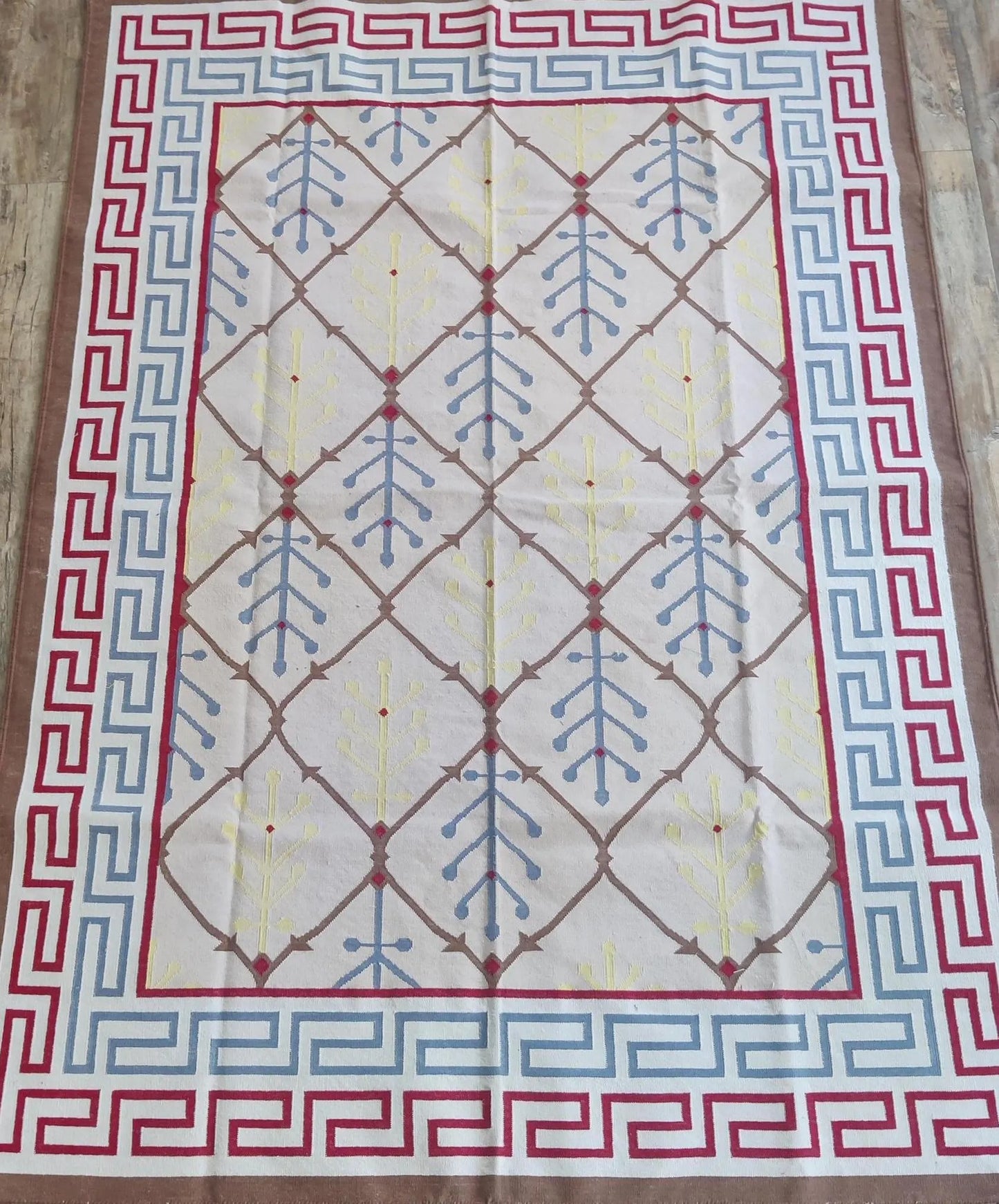 Mediterranean Heritage Cream and Blue Diamond Lattice Flatweave rug