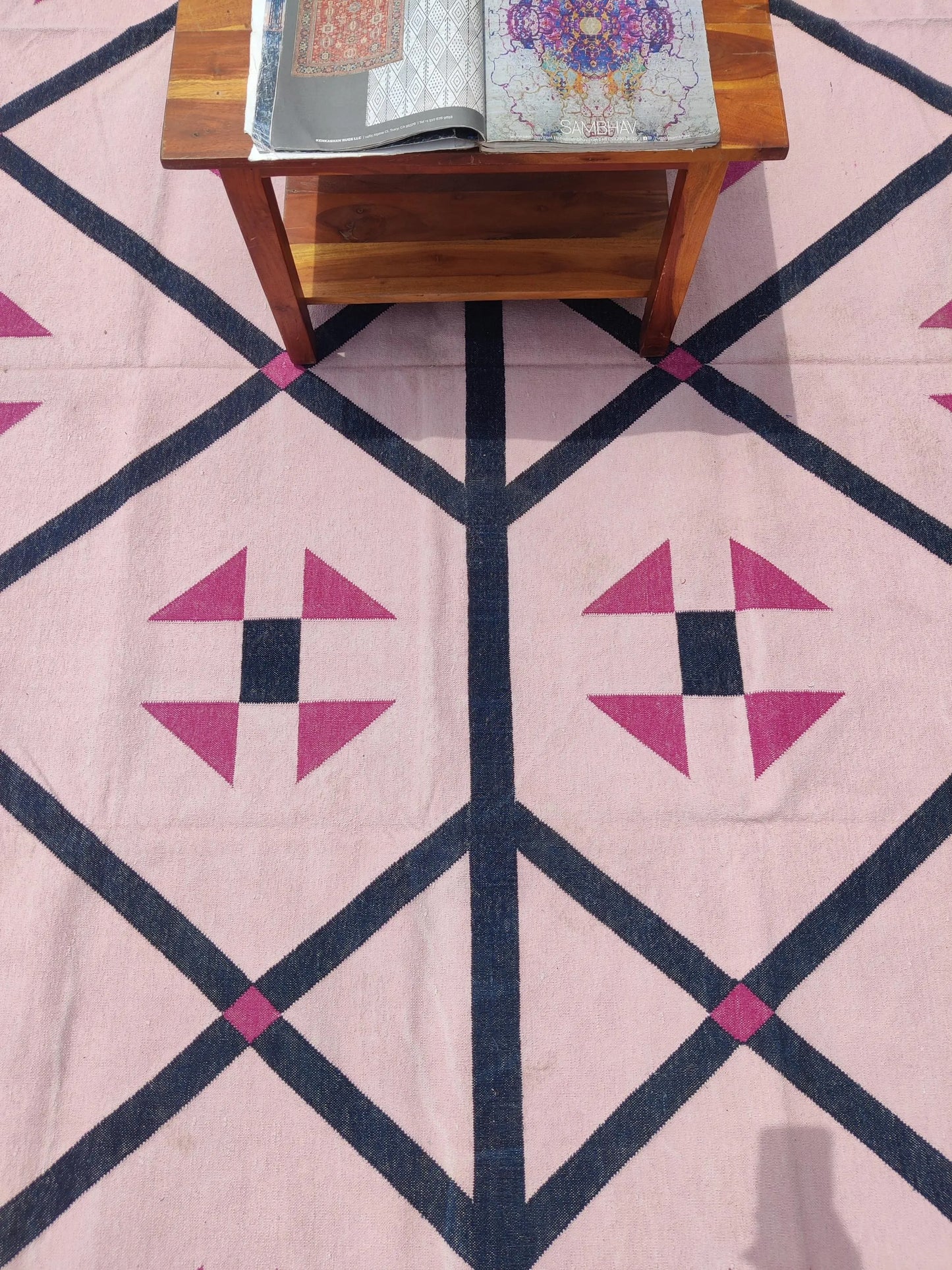 Blush Pink Geometric Navy Diamond Dhurrie rug