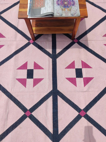 Blush Pink Geometric Navy Diamond Dhurrie rug