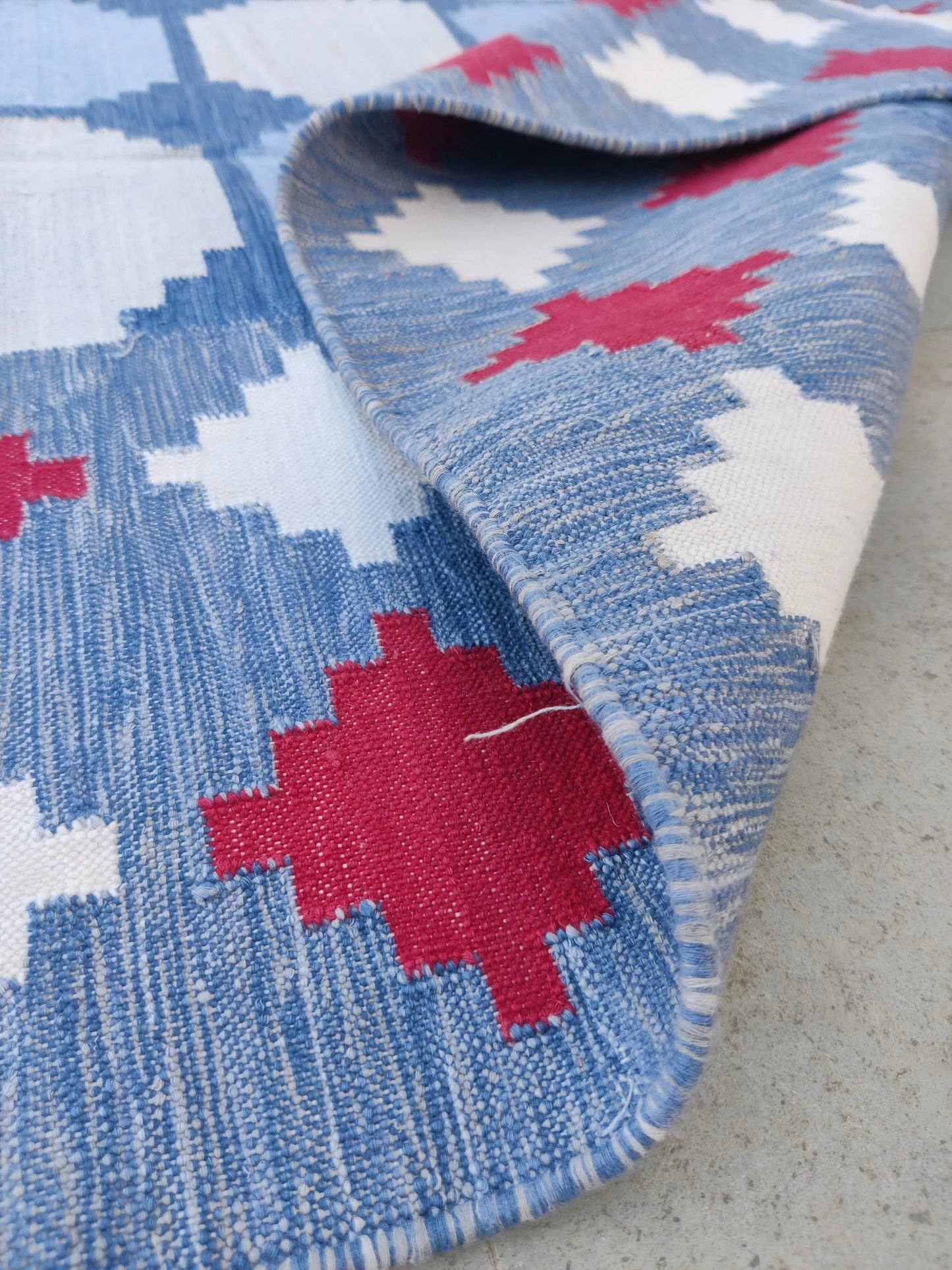 Vegetable Dyed Sky Blue and Terracotta Red Tile Patterned Gingham Dhurrie