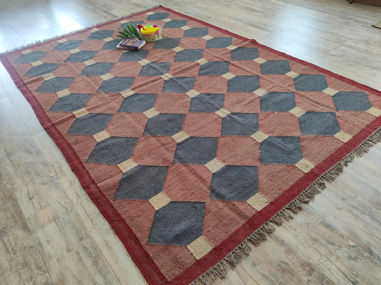 Terracotta & Navy Blue Geometric Diamond Pattern Rustic Home Decor Area Rug
