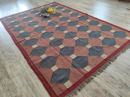 Terracotta & Navy Blue Geometric Diamond Pattern Rustic Home Decor Area Rug