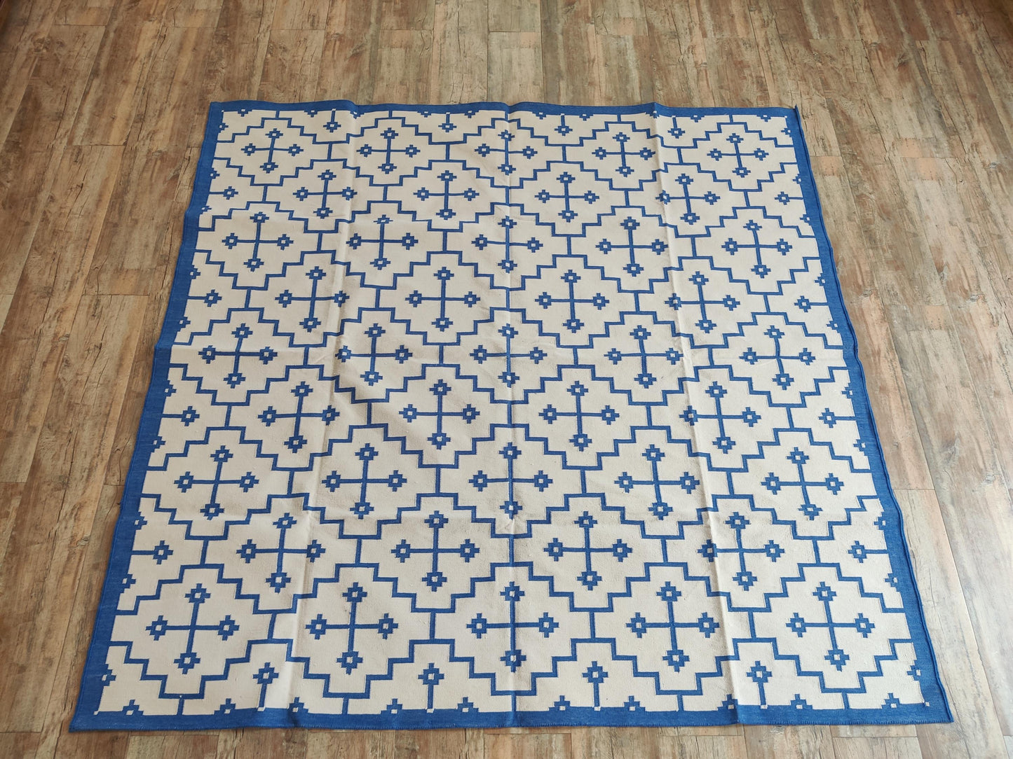 Royal Blue & Ivory Geometric Area Rug, Southwestern Diamond Cross  Dhurrie