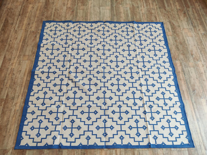 Royal Blue & Ivory Geometric Area Rug, Southwestern Diamond Cross  Dhurrie