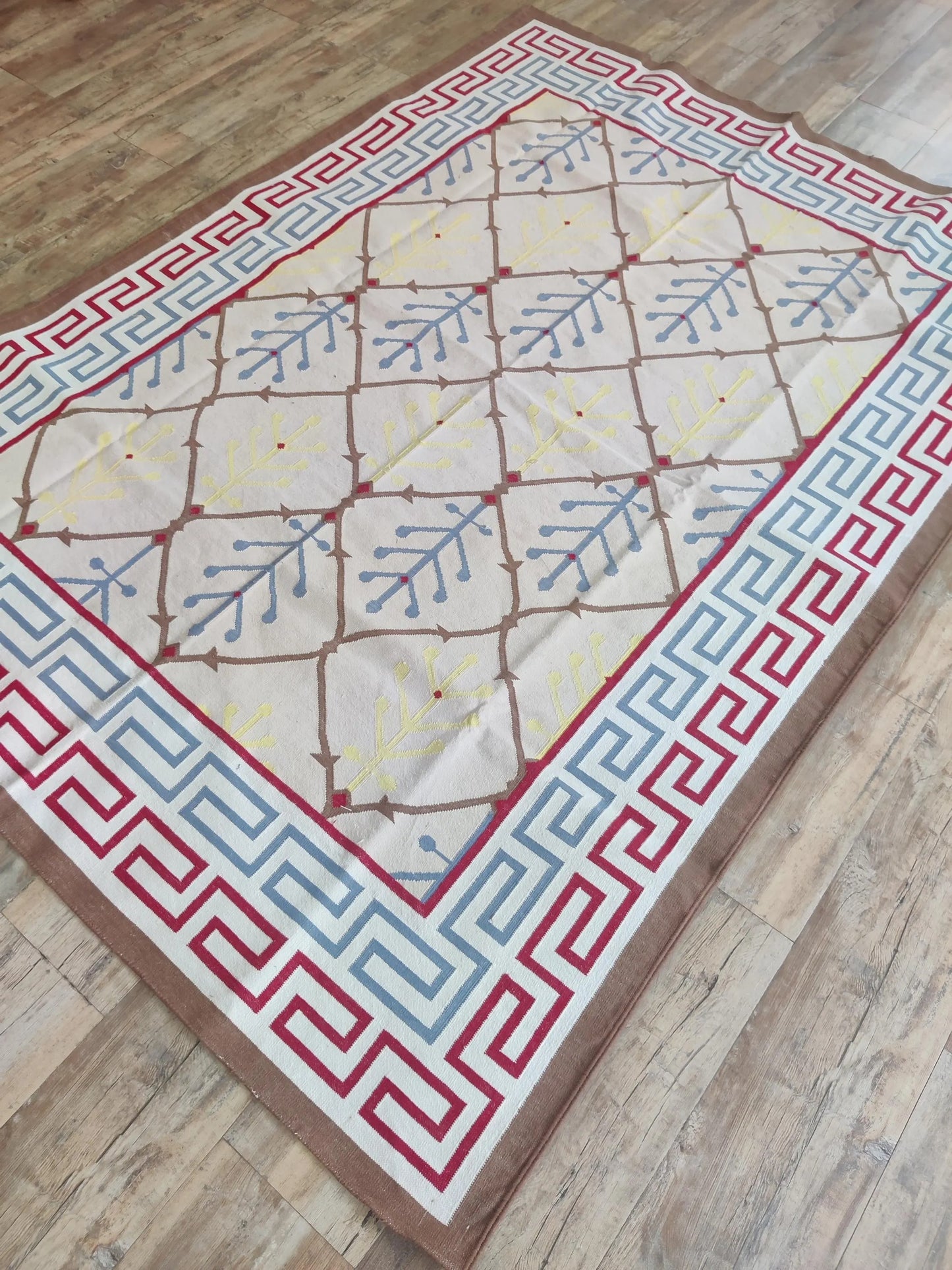 Mediterranean Heritage Cream and Blue Diamond Lattice Flatweave rug