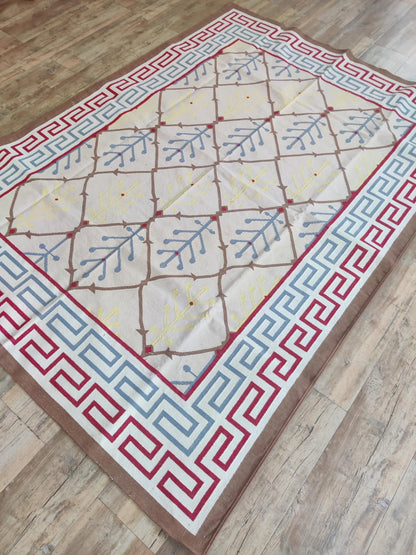 Mediterranean Heritage Cream and Blue Diamond Lattice Flatweave rug