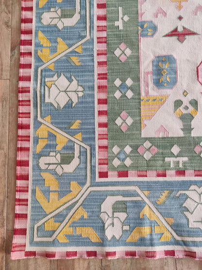 Pastel Geometric Folk Art Handwoven Cotton Flatweave Rug