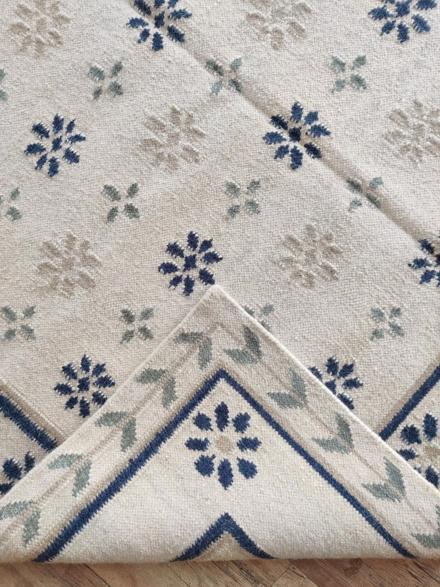 Handwoven French Country Blue & Cream Floral Wool Cotton Dhurrie Rug
