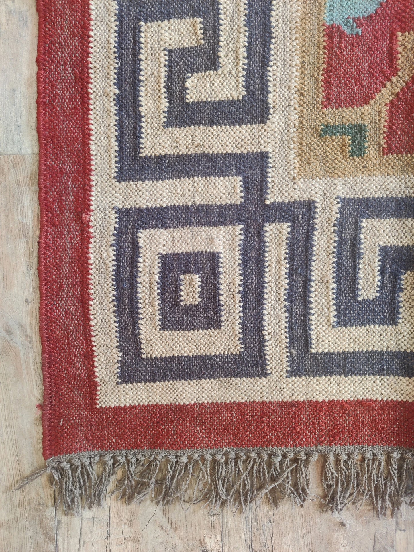 Hellenic Crimson Medallion Red Greek Key Border Kilim rug