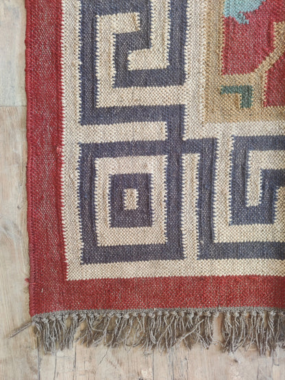 Hellenic Crimson Medallion Red Greek Key Border Kilim rug
