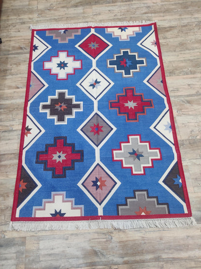 Taos Medallion Vibrant Blue Tribal Geometric Kilim Flatweave Rug