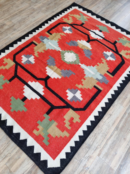 Crimson Sawtooth Heritage Traditional Red & Black Wool Cotton Dhurrie Rug