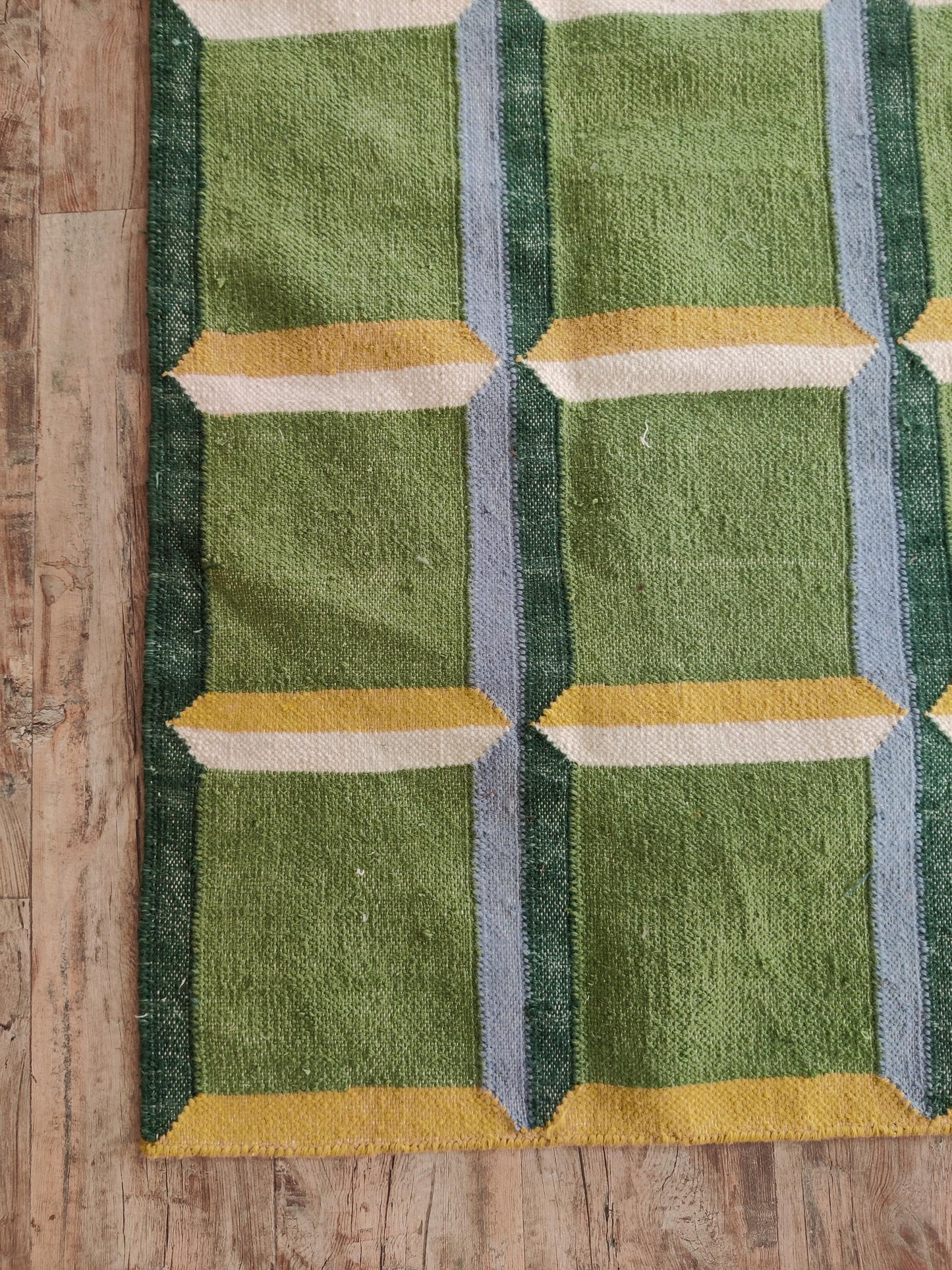 Emerald Block Lattice Modern Green Checkered Wool Cotton Dhurrie Rug