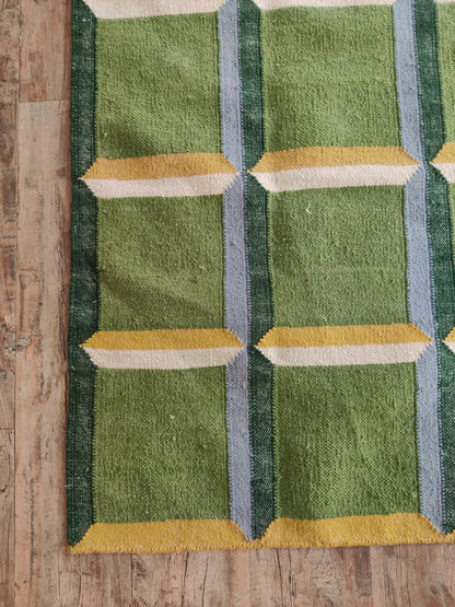 Emerald Block Lattice Modern Green Checkered Wool Cotton Dhurrie Rug