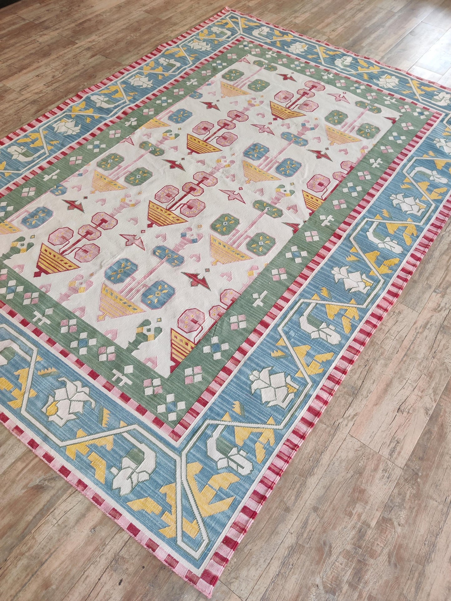 Pastel Geometric Folk Art Handwoven Cotton Flatweave Rug